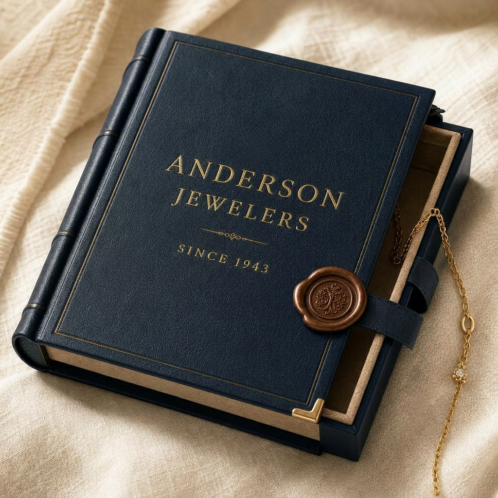 Dark navy leather Anderson Jewelers presentation book with wax seal