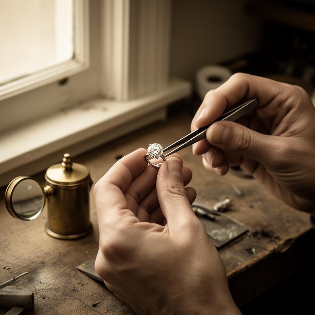 Master jeweler hands holding a diamond ring with brass loupe