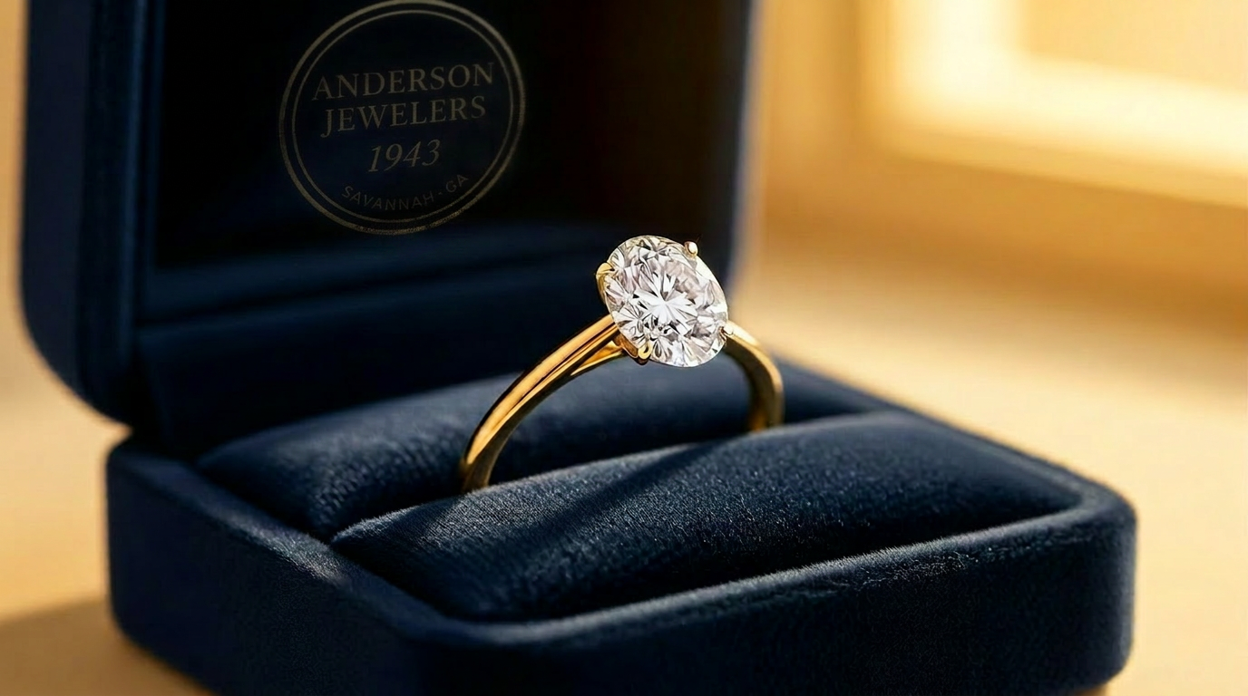 Oval diamond engagement ring in dark green velvet box